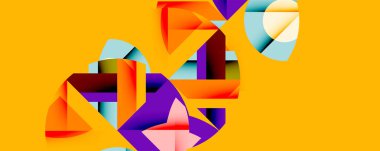 Parlak soyut şekiller çakışıyor. Turuncu, mor, mavi renkler dinamik kompozisyon oluşturur. Modern tasarım, canlı renkler, geometrik biçimler.