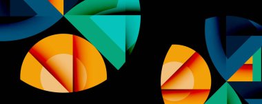 Soyut geometrik şekiller, turuncu, yeşil, mavi. Üst üste binen formlar dinamik bileşim oluşturur. Modern tasarım, canlı renkler, dijital sanat.