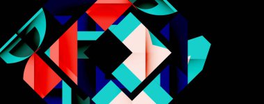 Soyut geometrik şekiller, canlı renkler, koyu arkaplan. Üst üste binen formlar dinamik bileşim oluşturur. Modern tasarım, dijital sanat.