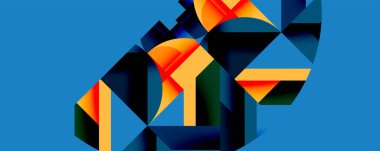 Parlak geometrik şekiller çakışıyor. Turuncu, sarı, koyu mavi, siyah dinamik bileşim yaratır. Modern tasarım, soyut sanat, canlı renkler, düz stil.