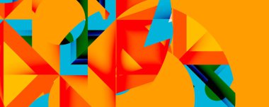 Parlak geometrik şekiller çakışıyor. Turuncu, kırmızı, mavi, yeşil dinamik kompozisyon oluşturur. Modern tasarım, soyut sanat, canlı renkler, keskin açılar..