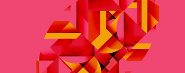 Parlak kırmızı, turuncu şekiller çakışıyor. Geometrik tasarım, canlı renkler, modern estetik. Soyut kompozisyon, dinamik düzenleme, cesur sunum.