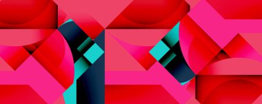 Parlak soyut kompozisyon. Kırmızı, pembe, turkuaz şekiller kesişiyor. Geometrik formlar dinamik görsel efekt yaratır. Modern tasarım, canlı renkler, pürüzsüz eğimler.
