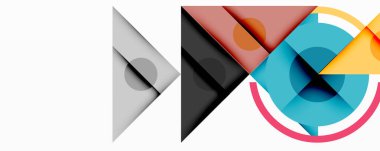 Soyut geometrik şekiller çakışıyor. Bileşim üçgenler, daireler, eğriler içerir. Renkler mavi, turuncu, gri, siyah, kırmızı. Minimalist tasarım. Modern estetik.