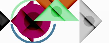 Soyut geometrik şekiller çakışıyor. Daireler, üçgenler, kareler dinamik bileşim oluşturur. Renkler arasında mor, yeşil, gri, turuncu var. Modern tasarım ögeleri.