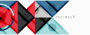Geometrik şekiller, canlı renkler, modern tasarım. Üst üste binen üçgenler, daireler dinamik bileşim oluşturur. Mavi, kırmızı, gri tonlar baskın. Soyut arkaplan.