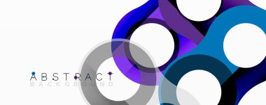 Soyut geometrik şekiller, daireler, kareler, üst üste binen katmanlar. Mavi, mor, gri renkler modern tasarım yaratır. Minimalist tarz, temiz çizgiler, canlı renkler.