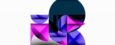 Soyut geometrik bileşim. Şekiller örtüşüyor, dinamik görsel ilgi yaratıyor. Renkler arasında mor, mavi, pembe, deniz mavisi var. Modern tasarım.