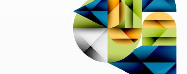 Soyut geometrik bileşim. Üst üste binen şekiller dinamik görsel efekt yaratır. Renkler arasında yeşil, mavi, turuncu, beyaz, gri yer alıyor. Modern tasarım.