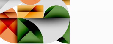 Soyut geometrik şekiller, canlı renkler, üst üste binen formlar, modern tasarım, temiz çizgiler, minimalist estetik, dinamik kompozisyon, sanatsal ifade.