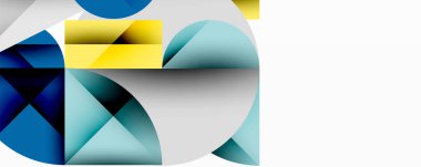 Soyut geometrik bileşim. Üst üste binen daireler, üçgenler, dikdörtgenler modern tasarım yaratır. Havalı maviler, sarılar, beyazlar baskın. Minimalist estetik.