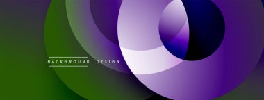 Soyut tasarım. Üst üste binen daireler dinamik bileşim yaratır. Mor, yeşil, mavi renkler düzgün bir şekilde harmanlanır. Modern estetik, canlı renkler.
