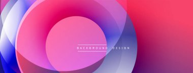 Soyut tasarım. Üst üste binen daireler dinamik bileşim yaratır. Renkler mordan pembeye, maviye karışıyor. Modern estetik. Sorunsuz geçişler.