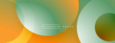 Soyut tasarım. Üst üste binen daireler değişim etkisi yaratır. Turuncu, yeşil renkler kompozisyona hakim. Minimalist estetik, modern his. Düz geçişler, temiz çizgiler..