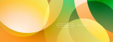 Soyut tasarım. Üst üste binen çemberler canlı gradyanlar yaratır. Renkler sarı, yeşil, turuncu. Modern estetik, pürüzsüz geçişler, basit şekiller..