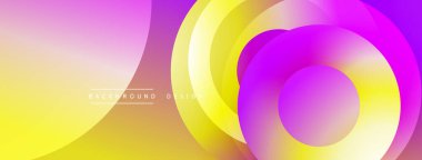 Soyut canlı katmanlar, düz eğimler, dairesel şekiller, modern tasarım. mor, sarı, turuncu renkler dinamik görsel efekt yaratır.