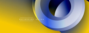Soyut tasarım özellikleri üst üste binen daireler, gradyanlar. Sarı, mavi renkler baskın. Modern estetik, temiz çizgiler, dinamik kompozisyon.