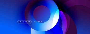 Soyut tasarım. Üst üste binen daireler dinamik bileşim yaratır. Mavi, mor renkler baskın. Modern estetik, temiz hatlar, basit şekiller. Dijital projeler için arkaplan.
