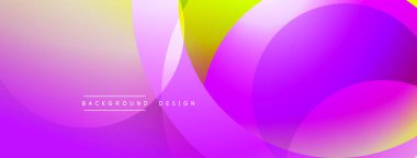 Canlı, soyut bir kompozisyon. Üst üste binen daireler, akış eğimleri. Mor, pembe, sarı renkler dinamik görsel efekt yaratır. Modern tasarım ögesi.