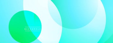 Soyut tasarım. Üst üste binen daireler dinamik bileşim yaratır. Renk yeşili, mavi, beyaz, modern estetik. Temiz çizgiler, basit şekiller..