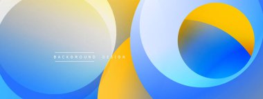 Soyut tasarım. Üst üste binen daireler, düzgün eğimler. Mavi, sarı, beyaz renk düzeni. Modern estetik. Minimalist kompozisyon. Temiz çizgiler. Arkaplan dokusu.