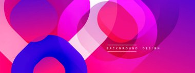 Canlı örtüşen daireler dinamik soyut kompozisyon oluşturur. Pürüzsüz gradyanlar mor, pembe ve mavi renkleri harmanlarlar. Modern tasarım ögesi.