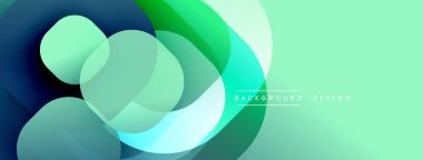Soyut şekiller örtüşüyor, canlı gradyanlar yaratıyor. Serin maviler, yeşiller kompozisyona hakim. Arkaplan ve sunumlar için modern tasarım ögesi.