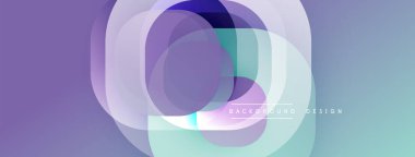 Soyut kompozisyon. Üst üste binen daireler dinamik görsel efekt yaratır. Mor, mavi, deniz mavisi renkleri düzgün bir şekilde harmanlanır. Modern tasarım ögesi.