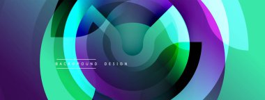 Soyut canlı katmanlar dinamik dairesel tasarım yaratır. Mor, deniz mavisi, yeşil renkler kusursuz bir şekilde harmanlanır. Modern estetik, pürüzsüz eğimler, akışkan şekiller.