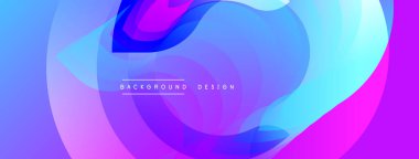 Canlı soyut şekiller harmanlanır. Mor, mavi, pembe renkler dinamik kompozisyon yaratır. Yumuşak eğimler hareketi, derinliği gösterir. Modern tasarım ögesi.
