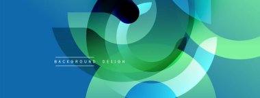 Soyut tasarım. Üst üste binen daireler dinamik bileşim yaratır. Mavi, yeşil renkler baskın. Modern estetik, pürüzsüz eğimler, temiz çizgiler. Minimalist stil.