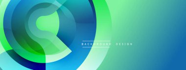 Soyut tasarım. Üst üste binen daireler canlı bir eğim yaratıyor. Mavi, yeşil renkler kompozisyona hakim. Modern estetik. Temiz hatlar, pürüzsüz geçişler. Minimalist stil.