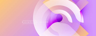 Soyut enerjik tasarım. Üst üste binen daireler dinamik bileşim yaratır. Yumuşak gradyanlar mor, pembe ve turuncu renkleri harmanlarlar. Modern estetik, temiz hatlar. Minimalist stil.