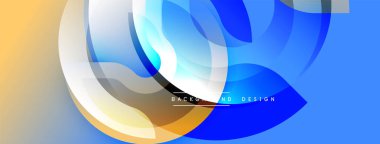 Soyut şekiller, mavi, turuncu, beyaz. Üst üste binen katmanlar dinamik bileşim yaratır. Modern tasarım, düz gradyanlar, canlı renkler.