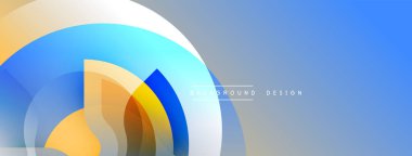 Soyut tasarım. Üst üste binen daireler dinamik bileşim yaratır. Mavi, turuncu, sarı renkler harmanlanır. Modern estetik. Temiz hatlar, basit şekiller. Minimalist stil.
