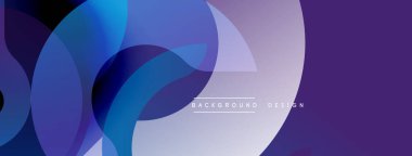 Soyut tasarım. Üst üste binen daireler dinamik bileşim yaratır. Mavi, mor renkler baskın gelir. Yumuşak eğimler derinlik ve hareket olduğunu gösteriyor. Modern estetik.