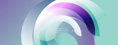 Soyut tasarım. Üst üste binen daireler dinamik bileşim yaratır. Yumuşak gradyanlar mor, mavi ve yeşil renkleri harmanlarlar. Modern estetik. Minimalist stil.