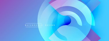 Soyut tasarım. Üst üste binen daireler, parlak mavi, mor renkler dinamik kompozisyon oluşturur. Modern, pürüzsüz eğimler, hareket ve derinliği akla getiriyor. Minimalist estetik.