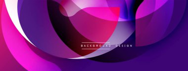 Soyut katmanlar dinamik bileşim yaratır. Canlı mor, pembe, mavi renkler karışımı. Modern tasarım hareketi çağrıştırıyor, derinliği. Yumuşak eğimler, üst üste binen şekiller.