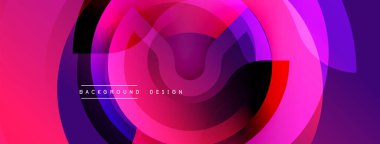Soyut enerjik tasarım. Üst üste binen daireler dinamik bileşim yaratır. Mor, pembe, kırmızı renkler kusursuz bir şekilde harmanlanır. Modern estetik, mükemmel arkaplan.