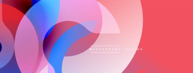 Canlı örtüşen daireler soyut kompozisyon oluşturur. Pembe, mavi, mor renkler karışımı. Modern tasarım, düzgün eğimler, dinamik şekiller.