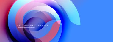 Soyut tasarım. Üst üste binen daireler dinamik bileşim yaratır. Kırmızı ve mor aksanlı mavi bir arkaplan. Modern estetik, temiz çizgiler.