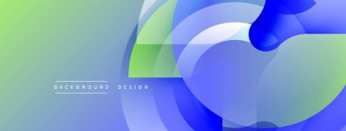 Soyut tasarım. Üst üste binen daireler, kareler dinamik bileşim oluşturur. Mavi, yeşil eğimler derinlik ve hareket olduğunu gösteriyor. Modern estetik.