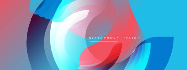 Soyut tasarım. Üst üste binen daireler, canlı renkler. Mavi, kırmızı, beyaz gradyanlar dinamik bileşim oluşturur. Modern estetik, pürüzsüz geçişler.