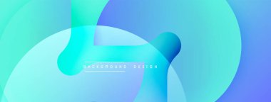 Soyut tasarım özellikleri üst üste binen şeffaf şekiller. Renkler turkuazdan maviye karışır. Metin arkaplan tasarımlı minimalist estetik. Düz eğriler dinamik bileşim oluşturur.