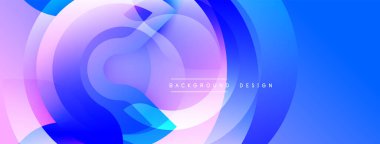 Mavi, mor katmanlar soyut, modern tasarım yaratır. Pürüzsüz eğimler, üst üste binen daireler derinlik ve hareket olduğunu gösteriyor. Minimalist estetik, canlı renkler.