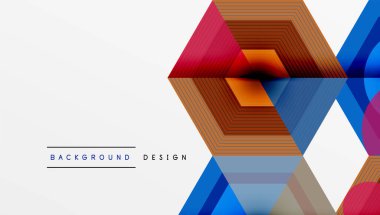 Soyut geometrik tasarım çokgen şekiller oluşturan katmanlı çizgiler içerir. Canlı kırmızı, turuncu, mavi gradyanlar beyaz zemin üzerinde dinamik görsel etki yaratır. Modern, minimalist estetik.