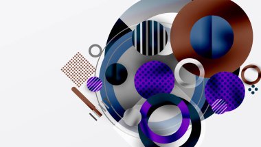 Üst üste binen daireler, çizgiler, noktalar içeren soyut bir kompozisyon. Çeşitli tonlar mor, mavi, kahverengi egemen tasarım. Modern, dinamik görsel elementler ilginç bir doku oluşturur.