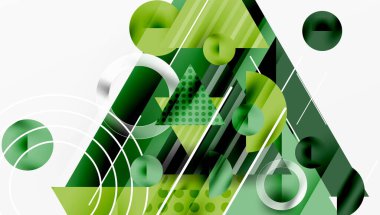 Soyut geometrik bileşim. Üst üste binen şekiller dinamik görsel efekt yaratır. Tasarıma yeşiller, beyazlar, siyahlar hükmediyor. Modern, temiz estetik.