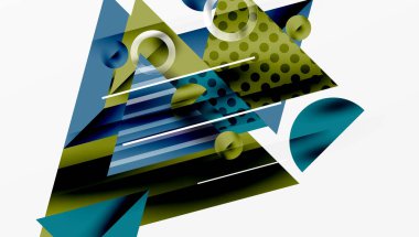 Soyut geometrik bileşim. Üst üste binen şekiller, dinamik görsel ilgi yaratır. Mavi, yeşil renkler dizaynın baskın renkleri, daireler, üçgenler, çizgiler. Modern estetik.